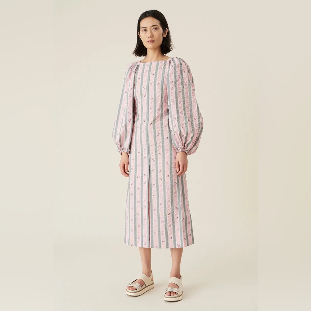 GANNI Organic Cotton Seersucker Midi Dress Size 36